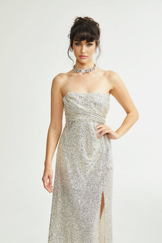 Tiana Silver Sequin Off-shoulder Midi Dress
