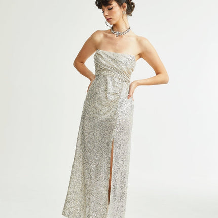 Tiana Silver Sequin Off-shoulder Midi Dress