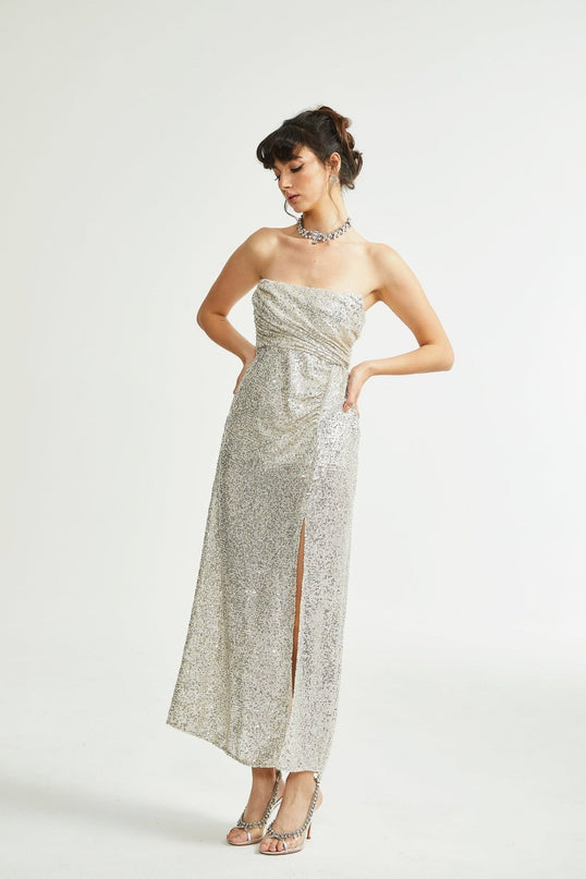 Tiana Silver Sequin Off-shoulder Midi Dress