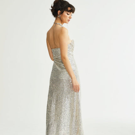 Tiana Silver Sequin Off-shoulder Midi Dress