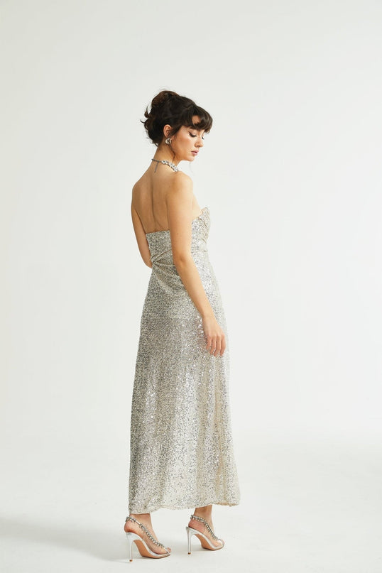 Tiana Silver Sequin Off-shoulder Midi Dress