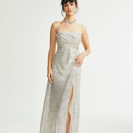 Tiana Silver Sequin Off-shoulder Midi Dress