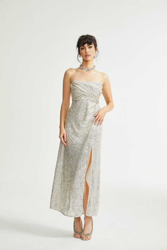 Tiana Silver Sequin Off-shoulder Midi Dress