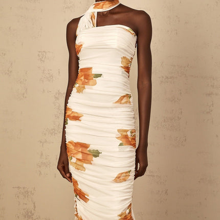 Tiana White Multicolor Off-Shoulder Midi Dress with Ruched Tulle Detailing and Floral Print