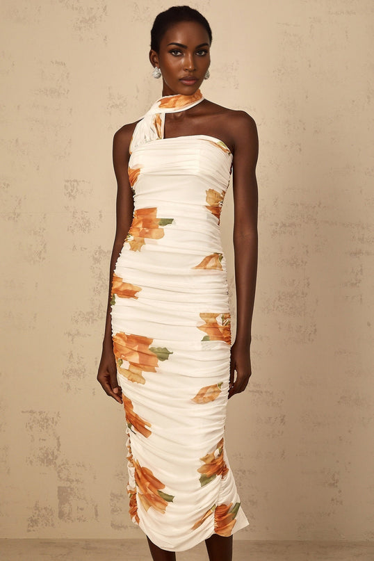 Tiana White Multicolor Off-Shoulder Midi Dress with Ruched Tulle Detailing and Floral Print