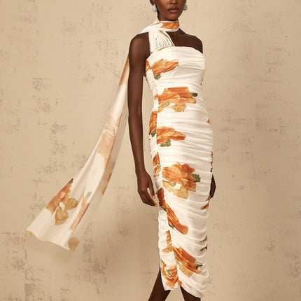 Tiana White Multicolor Off-Shoulder Midi Dress with Floral Print and Ruched Tulle Detailing