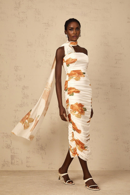 Tiana White Multicolor Off-Shoulder Midi Dress with Floral Print and Ruched Tulle Detailing
