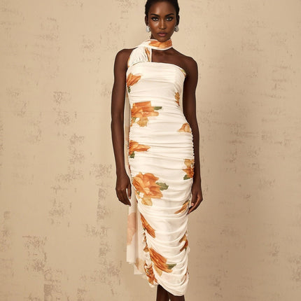 Tiana White Multicolor Off-Shoulder Midi Dress with Ruched Tulle Detailing and Floral Print
