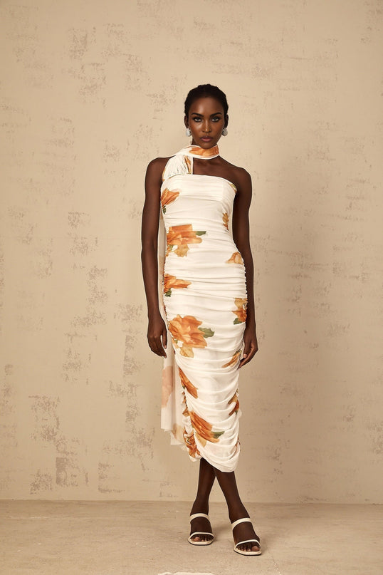 Tiana White Multicolor Off-Shoulder Midi Dress with Ruched Tulle Detailing and Floral Print
