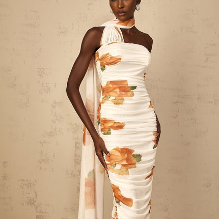 Tiana White Multicolor Off-Shoulder Midi Dress with Floral Print and Ruched Tulle Detailing