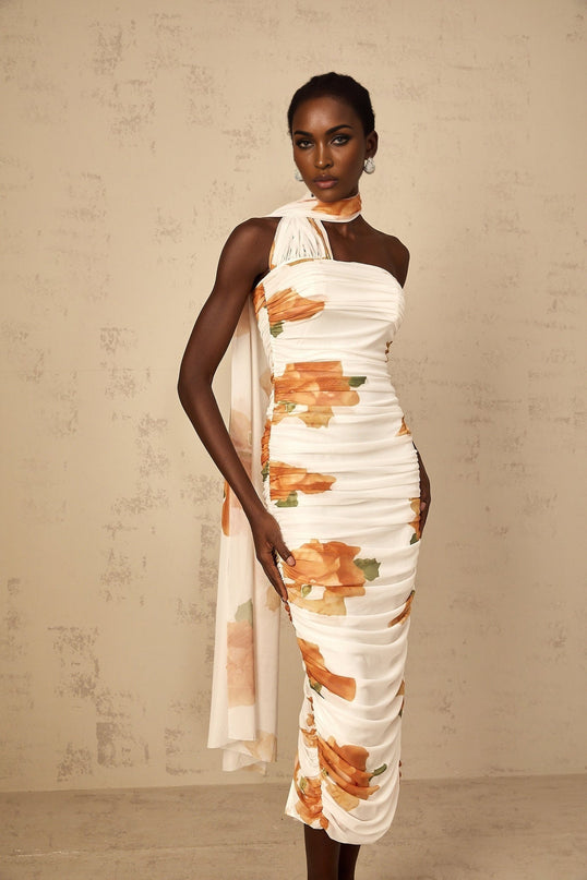 Tiana White Multicolor Off-Shoulder Midi Dress with Floral Print and Ruched Tulle Detailing