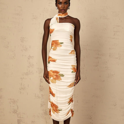 Tiana White Multicolor Off-Shoulder Midi Dress with Ruched Tulle Detailing and Floral Print