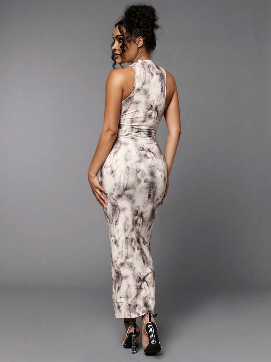 Tie Dye amp Leopard Mock Neck Bodycon Dress