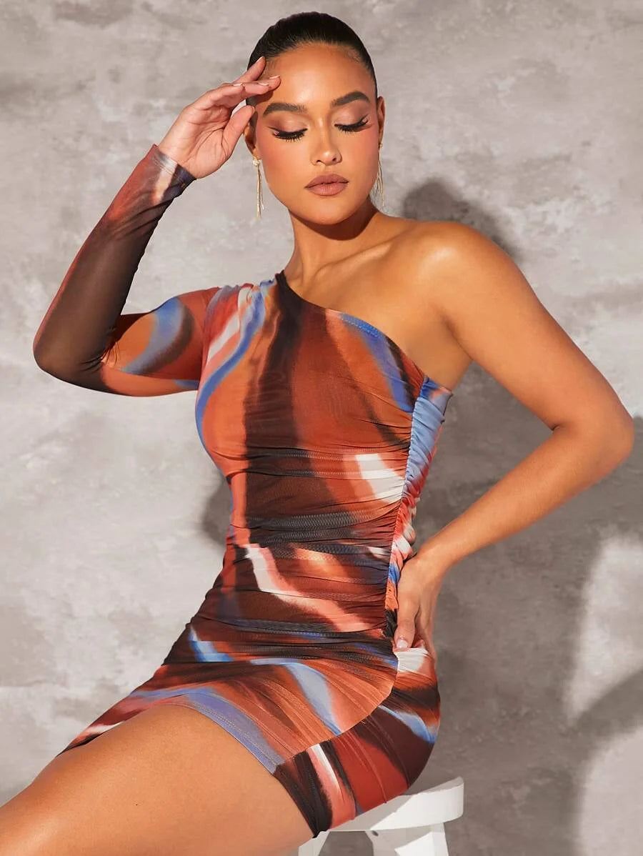 Tie Dye One Shoulder Ruched Bodycon Dress
