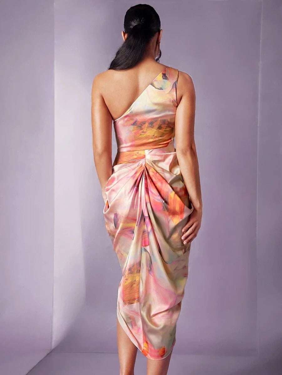 Tie Dye One Shoulder Ruched Split Thigh Satin Dress