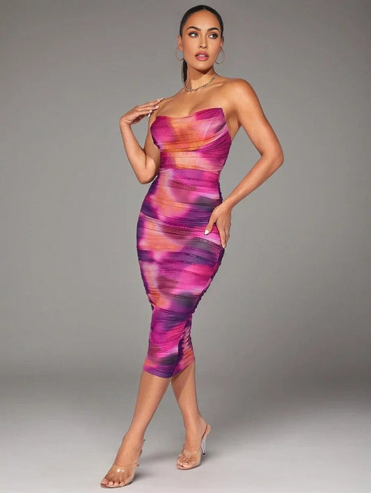 Tie Dye Ruched Tube Bodycon Dress