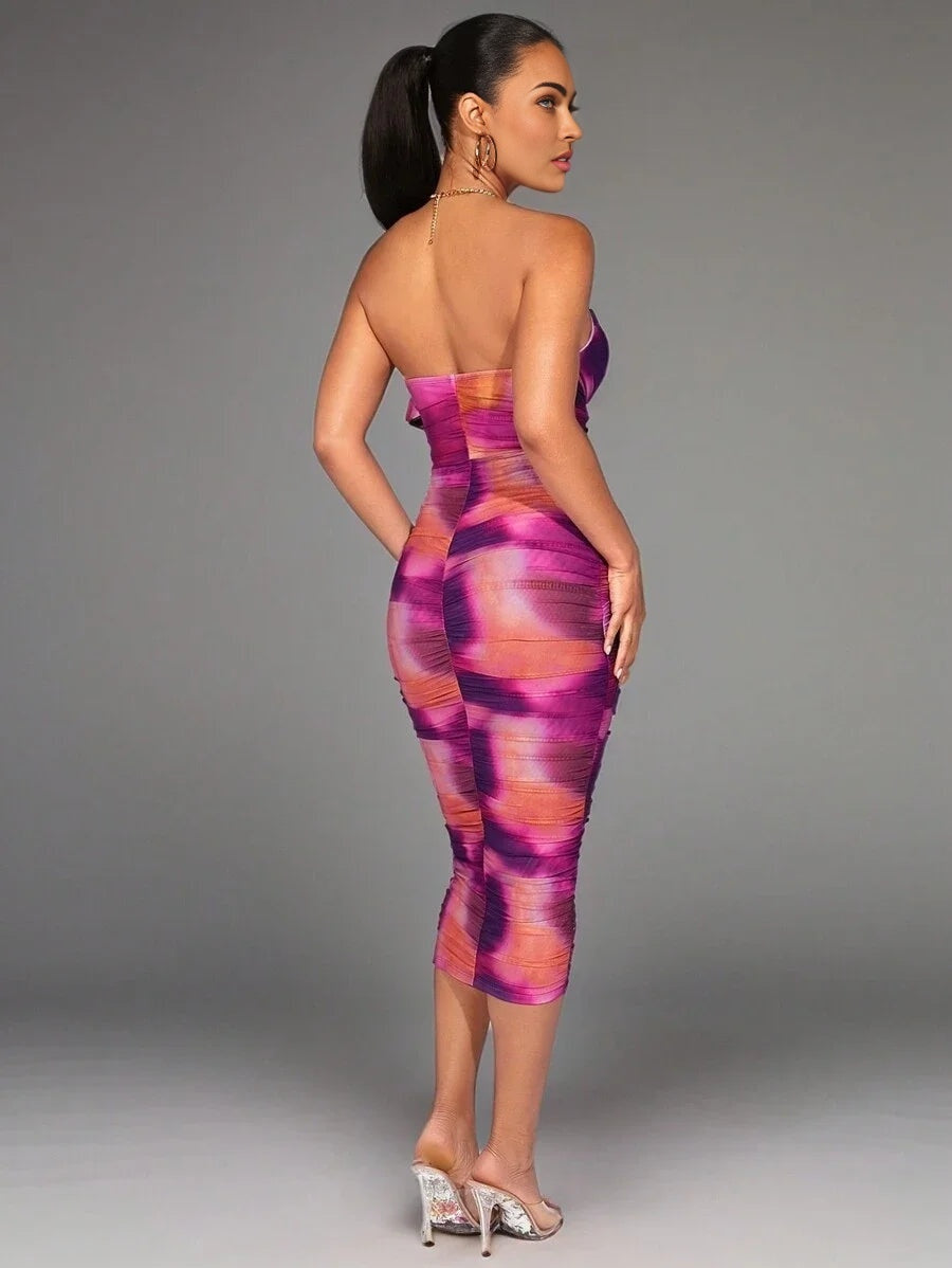Tie Dye Ruched Tube Bodycon Dress