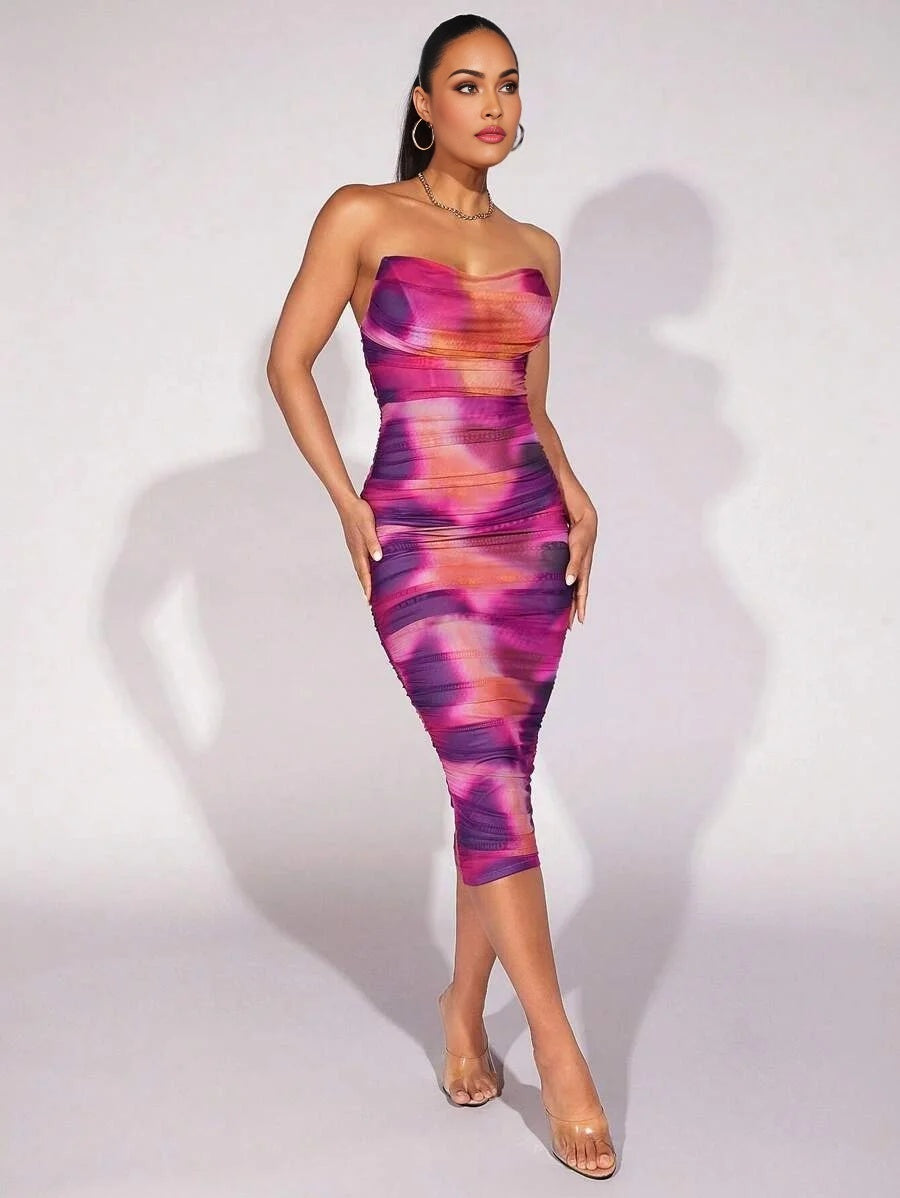 Tie Dye Ruched Tube Bodycon Dress