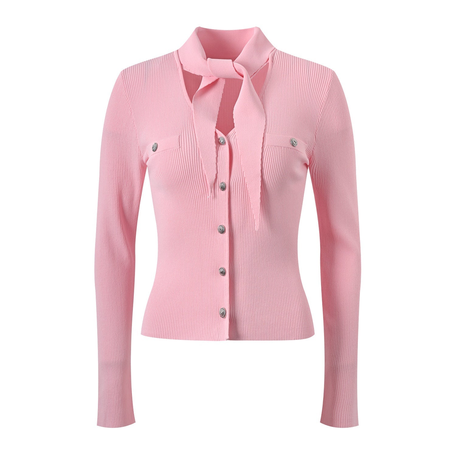 Tie - Neck Ribbed Blouse for Flattering Spring - Pink
