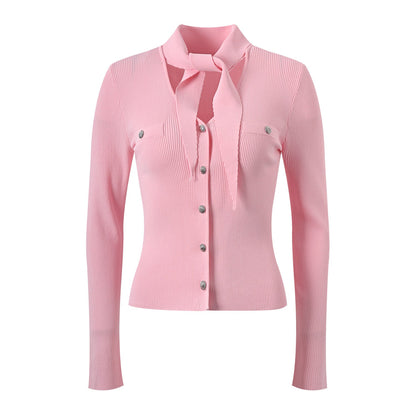Tie - Neck Ribbed Blouse for Flattering Spring - Pink