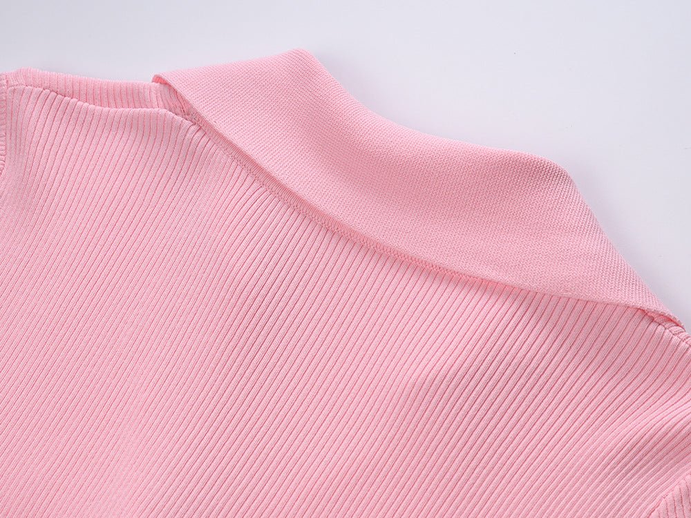 Tie - Neck Ribbed Blouse for Flattering Spring - Pink