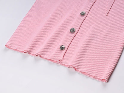 Tie - Neck Ribbed Blouse for Flattering Spring - Pink
