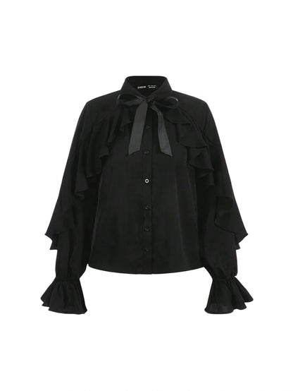 Black ruffle blouse with bow tie and long sleeves