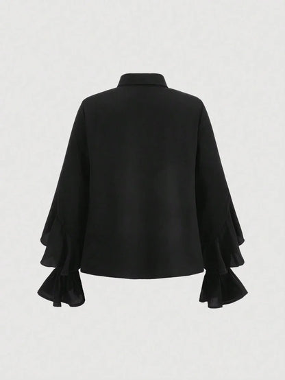 Tie Neck Ruffle Trim Flare Sleeve Shirt