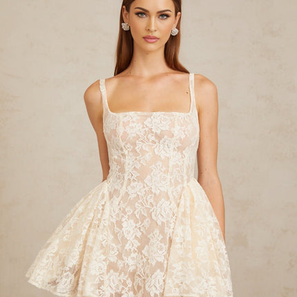 Tiffany Mini Dress Cream White Square Neck Sleeveless Wide Straps Cinched Waist Floral Lace Shirred Panel Puff Skirt Rear Zip Fastening Thigh-Length 100% Terylene Fiber