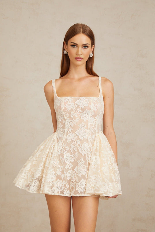 Tiffany Mini Dress Cream White Square Neck Sleeveless Wide Straps Cinched Waist Floral Lace Shirred Panel Puff Skirt Rear Zip Fastening Thigh-Length 100% Terylene Fiber