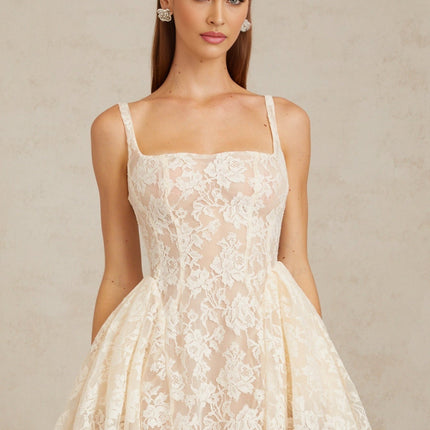 Tiffany White Mini Dress Cream Square Neck Sleeveless Wide Straps Cinched Waist Floral Lace Puff Skirt