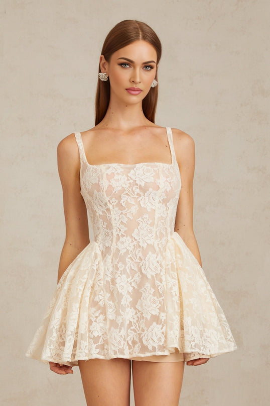 Tiffany White Mini Dress Cream Square Neck Sleeveless Wide Straps Cinched Waist Floral Lace Puff Skirt