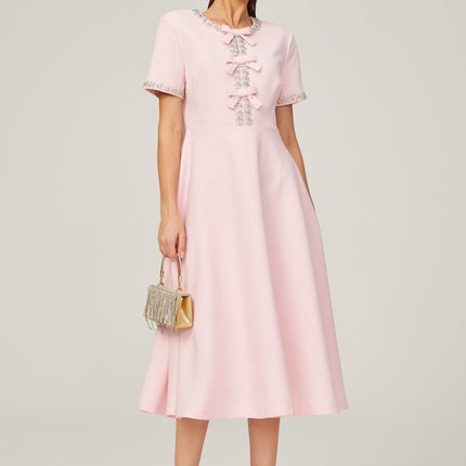 Tiffany Pink Crystal Bow Flared Midi Dress