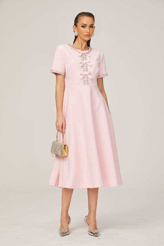 Tiffany Pink Crystal Bow Flared Midi Dress