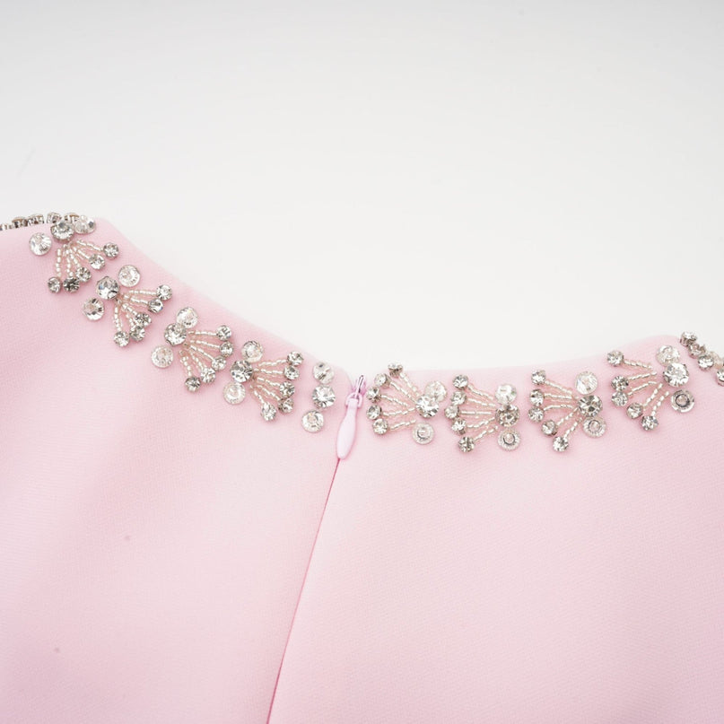 Tiffany Pink Crystal Bow Flared Midi Dress in 100% Terylene Fiber