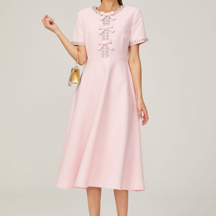 Tiffany Pink Crystal Bow Midi Dress in Terylene Fiber
