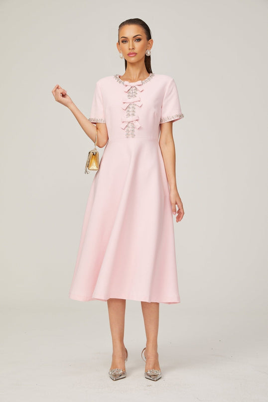Tiffany Pink Crystal Bow Midi Dress in Terylene Fiber
