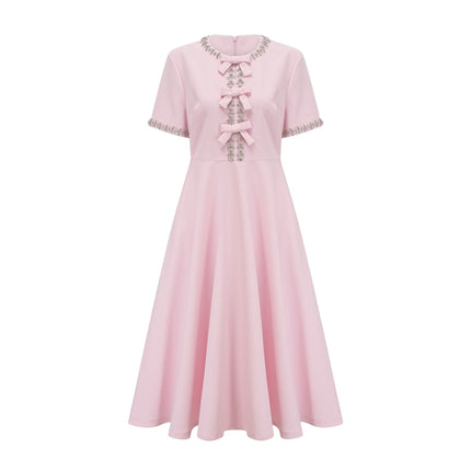 Tiffany Pink Crystal Bow Midi Dress Elegant Luxury Chic Crew Neck Split Short Sleeves Rear Zip Calf-Length 100% Terylene Fiber Refined Impeccable Style Occasions