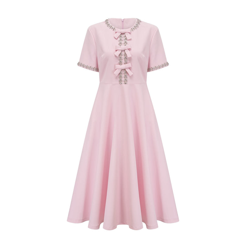 Tiffany Pink Crystal Bow Midi Dress Elegant Luxury Chic Crew Neck Split Short Sleeves Rear Zip Calf-Length 100% Terylene Fiber Refined Impeccable Style Occasions