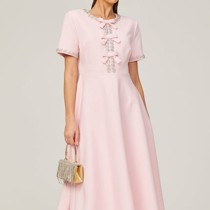 Tiffany Pink Crystal Bow Midi Dress in Terylene Fiber