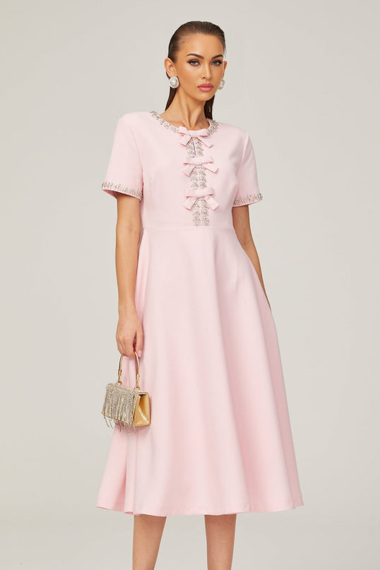 Tiffany Pink Crystal Bow Midi Dress in Terylene Fiber