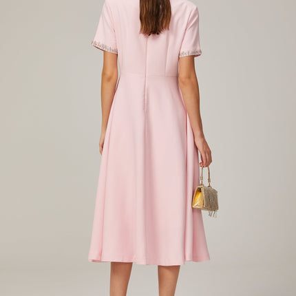Tiffany Pink Crystal Bow Midi Dress in 100% Terylene Fiber