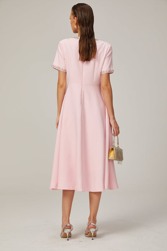 Tiffany Pink Crystal Bow Midi Dress in 100% Terylene Fiber