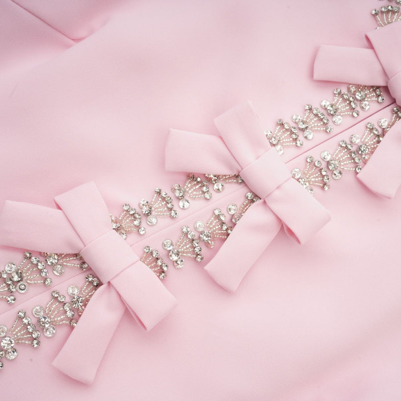 Tiffany Pink Crystal Bow Midi Dress in Terylene fiber