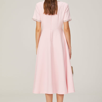 Tiffany Pink Crystal Bow Midi Dress in Terylene Fiber