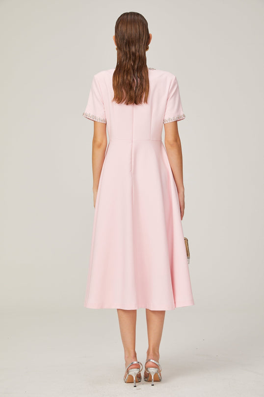 Tiffany Pink Crystal Bow Midi Dress in Terylene Fiber