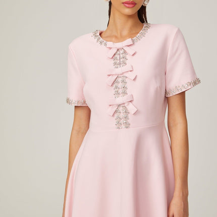 Tiffany Pink Crystal Bow Midi Dress in 100% Terylene Fiber