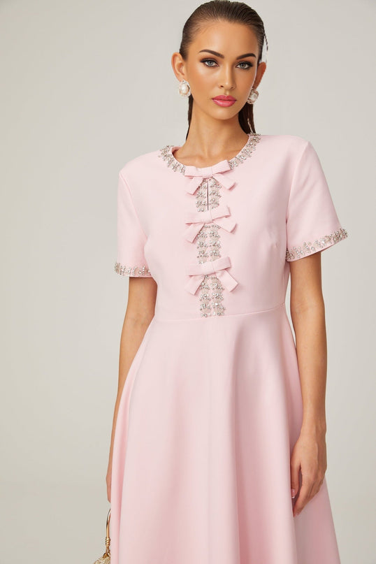 Tiffany Pink Crystal Bow Midi Dress in 100% Terylene Fiber
