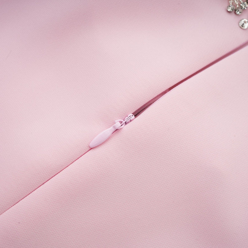 Tiffany Pink Crystal Bow Midi Dress Terylene Fiber Elegant Luxury Chic Crew Neck Split Neck Short Sleeves Rear Zip Calf-Length Silhouette
