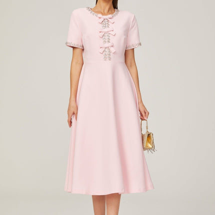 Tiffany Pink Crystal Bow Midi Dress Elegant Luxury Terylene Fiber